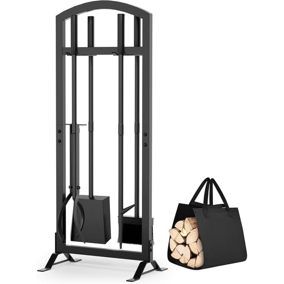 6 Pcs Fireplace Tools Set with Log Carrier, 34" Fireplace Accessories Sturdy Fire Tool Set Holder with Fire Poker Brush Shovel Tong Stand for Indoor Fireplace Outdoor Fire Pit Wood Stove, Arch