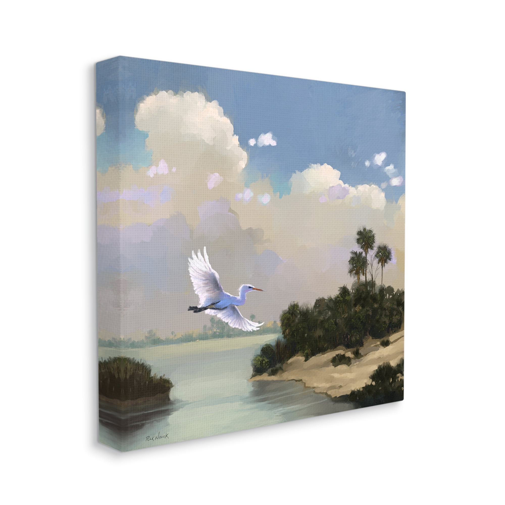 Stupell Heron Flying Over Coastal Inlet Nature Landscape Painting Gallery Wrapped Canvas Print Wall Art