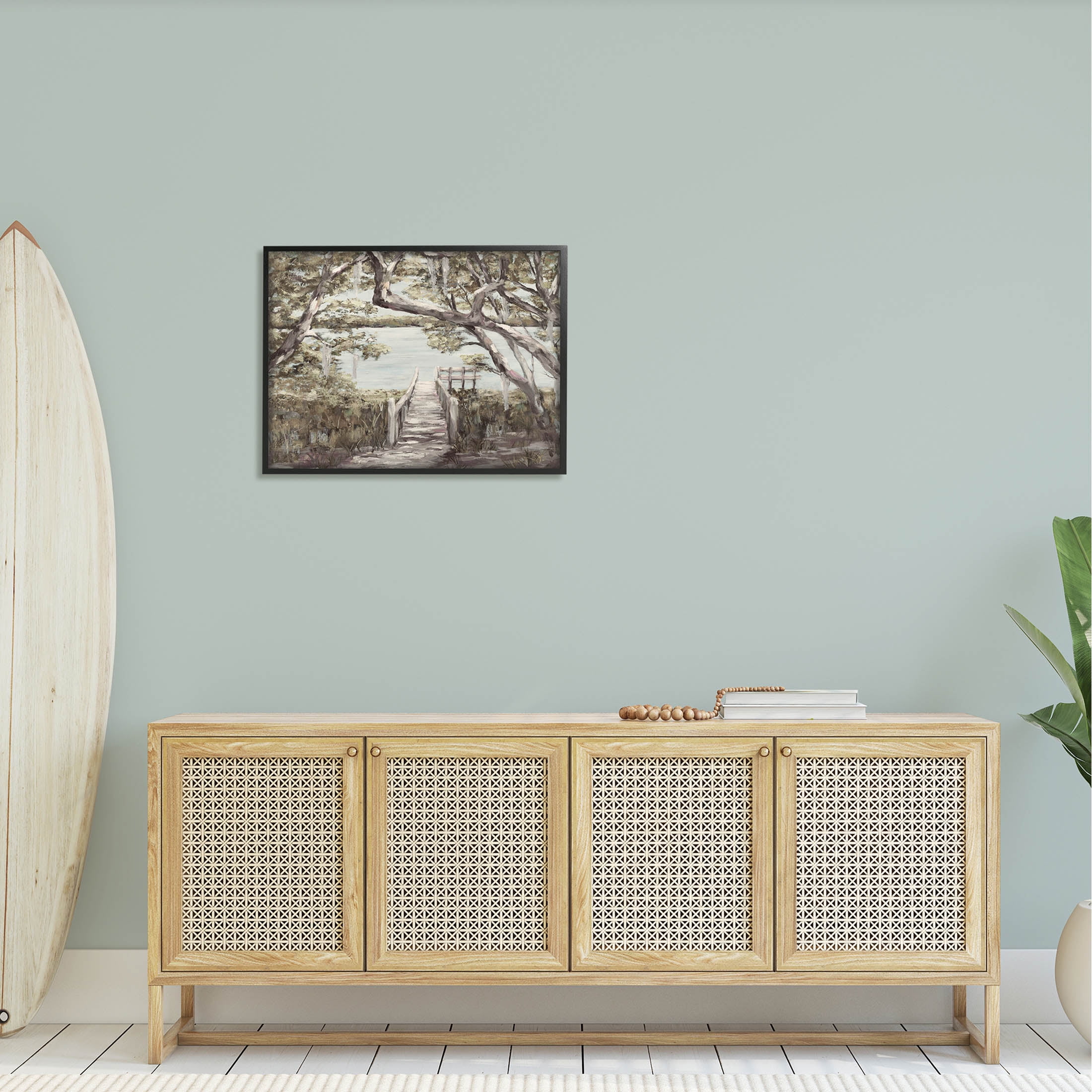 Nature Waterfront Path Bridge Landscape Painting Black Framed Art Print Wall Art
