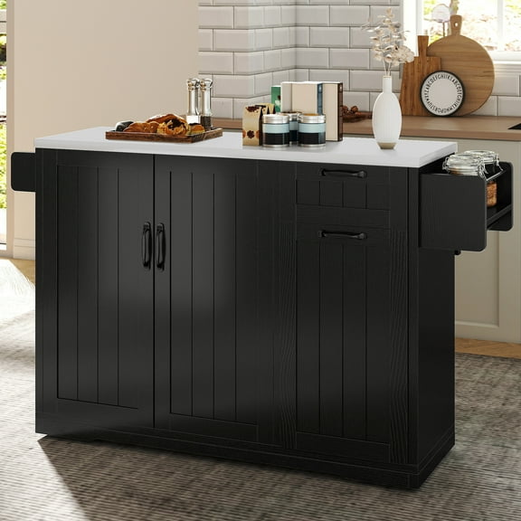 DEXTRUS Kitchen Island with Drop Leaf & Stainless Steel Tabletop, Kitchen Island Cart with Drawers & Doors, Black