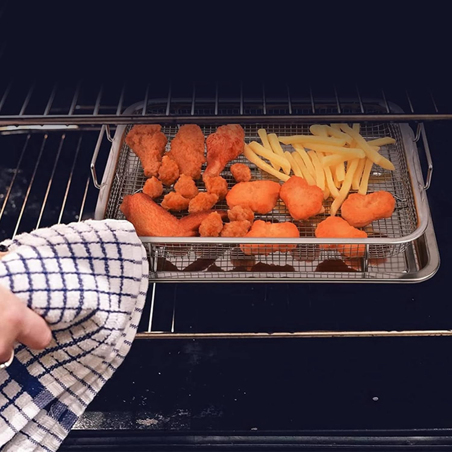 Air Fryer Basket for Oven, 2 in 1 Nonstick Air Fry Basket with Mesh Great for Oven, Dishwasher Safe – - (15.43" x 11.53", Silver)