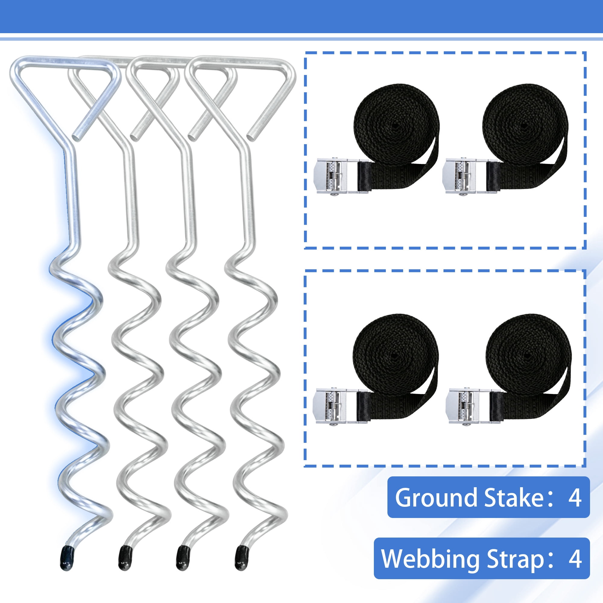 4 Pack Windproof Trampoline Stakes Anchor Kit-Steel Corkscrew Anchor, Heavy Duty Tie Down Kit with Reinforced Safety Straps, Secure Weatherproof Protection for Trampoline, Tent&Playset