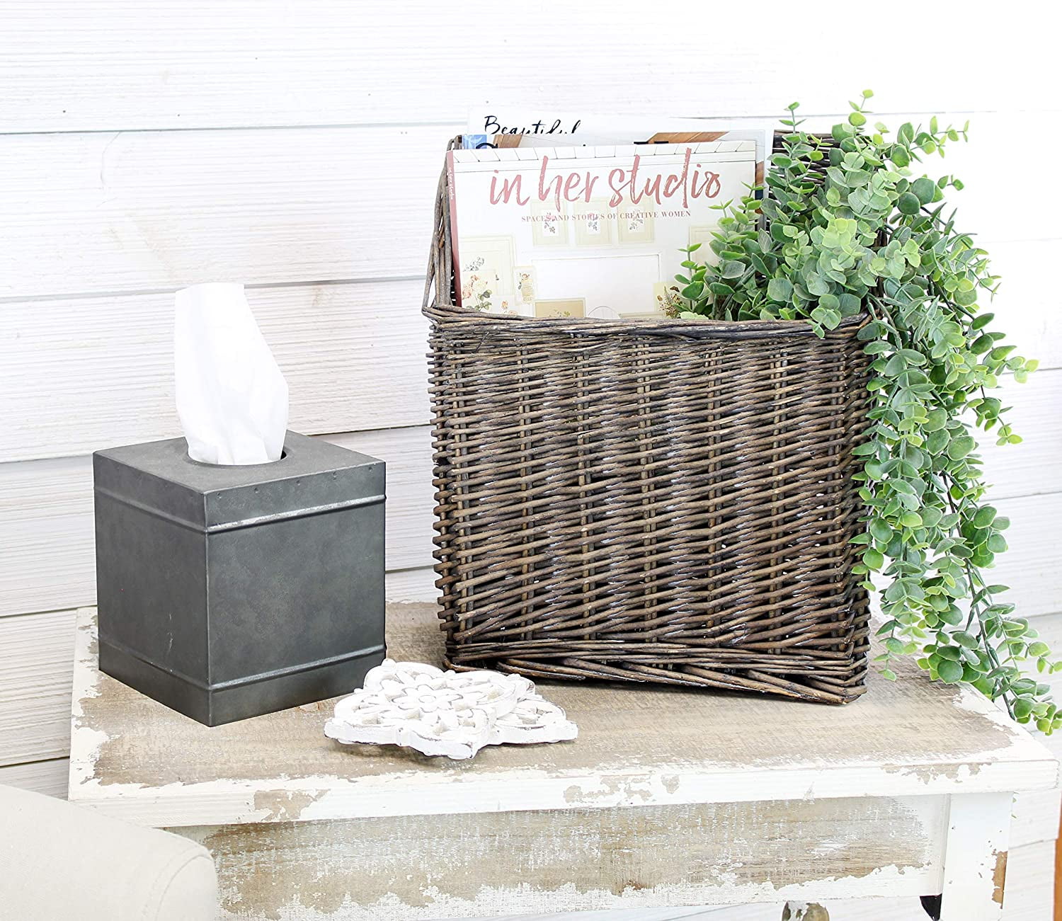 AuldHome Gray Washed Magazine / File Basket, Farmhouse Rustic Woven