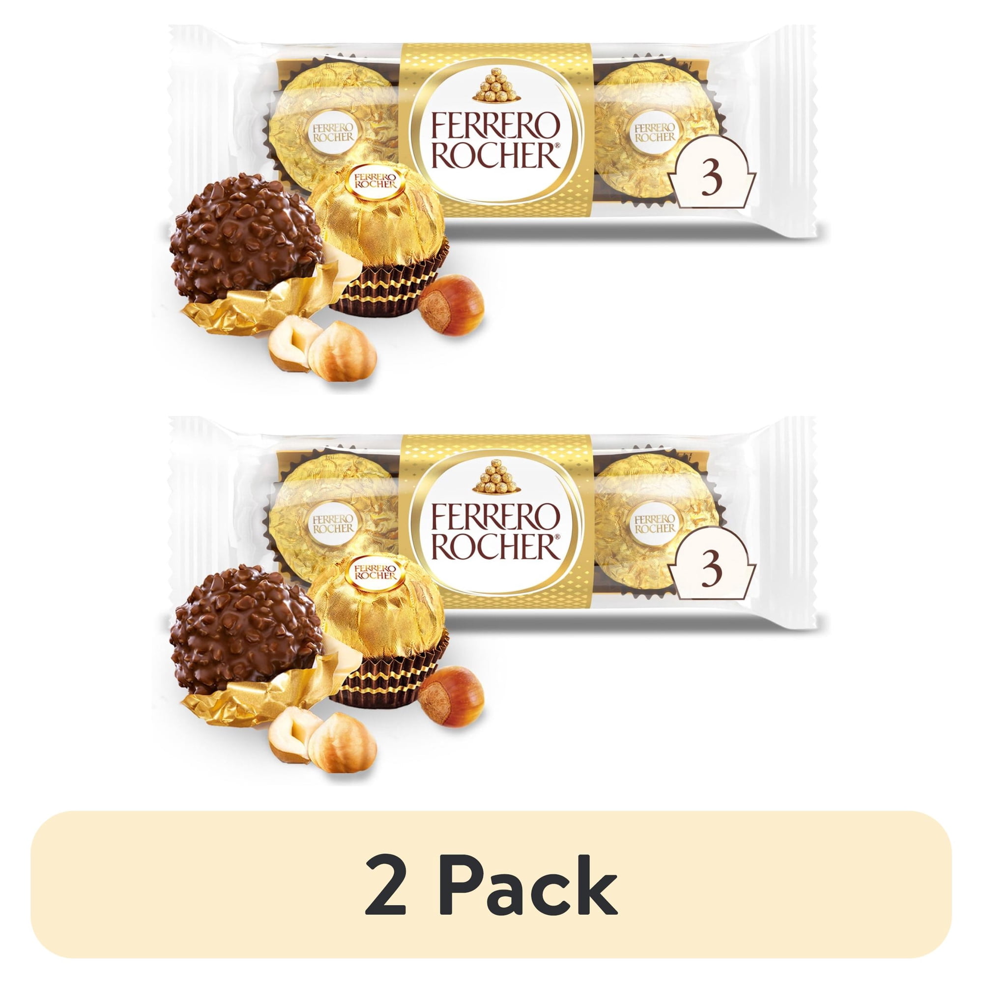 (2 pack) Ferrero Rocher Gourmet Hazelnut Milk Chocolate, 3 Individually Wrapped Chocolates, 1.3 oz