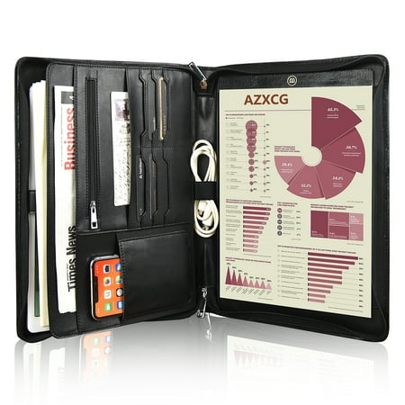 Vegan Leather Portfolio, Calfinder Vegan Black Leather Padfolio with Zipper,Leather Portfolio Organizer with Pen Holder, Business Portfolio, Document Storage, A4 Wrting Writing Pad, Non Customized