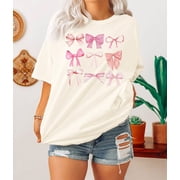 KimSoong Womens Bow Shirt Coquette Aesthetic T-Shirt Trendy Pink Bow Girly Tee Watercolor Pastel Bow Oversized Tops