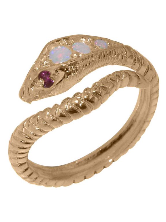 LBG British Made 18k Rose Gold Natural Opal & Ruby Womens Band Ring - 33 size options - Size 6