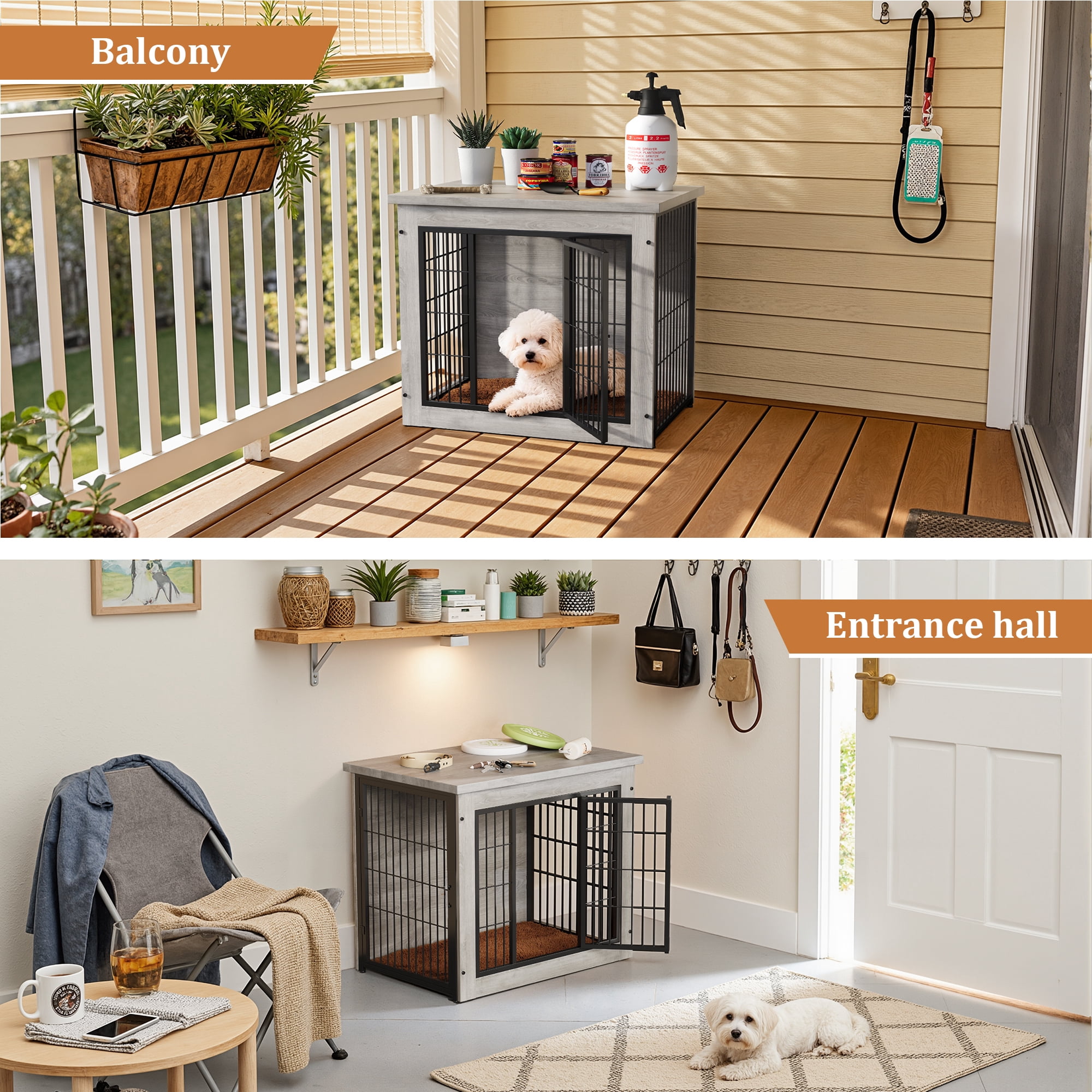 Furmax Wooden Indoor Dog Crate Furniture  with Double Doors and Thick Cushion,Gray