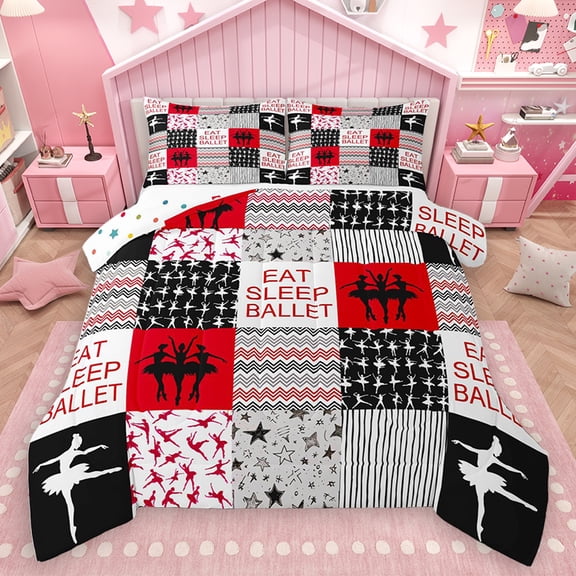 Homewish Teens Cartoon Princess Full Size Comforter Sets, Red Art Patchwork Bedding Comforter Set, Eat Sleet Ballet Sport Reversible Bedding Sets, Microfiber Bedroom Decor, 3-Piece