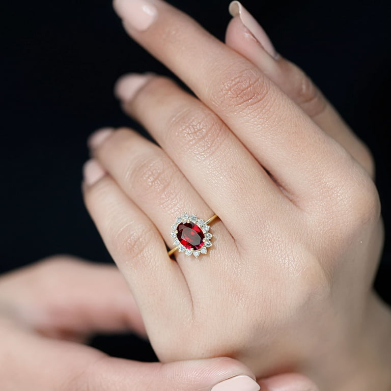 Princess Diana Inspired Ring Oval Created Ruby Ring with Diamond Halo 14K Yellow Gold US 7.00