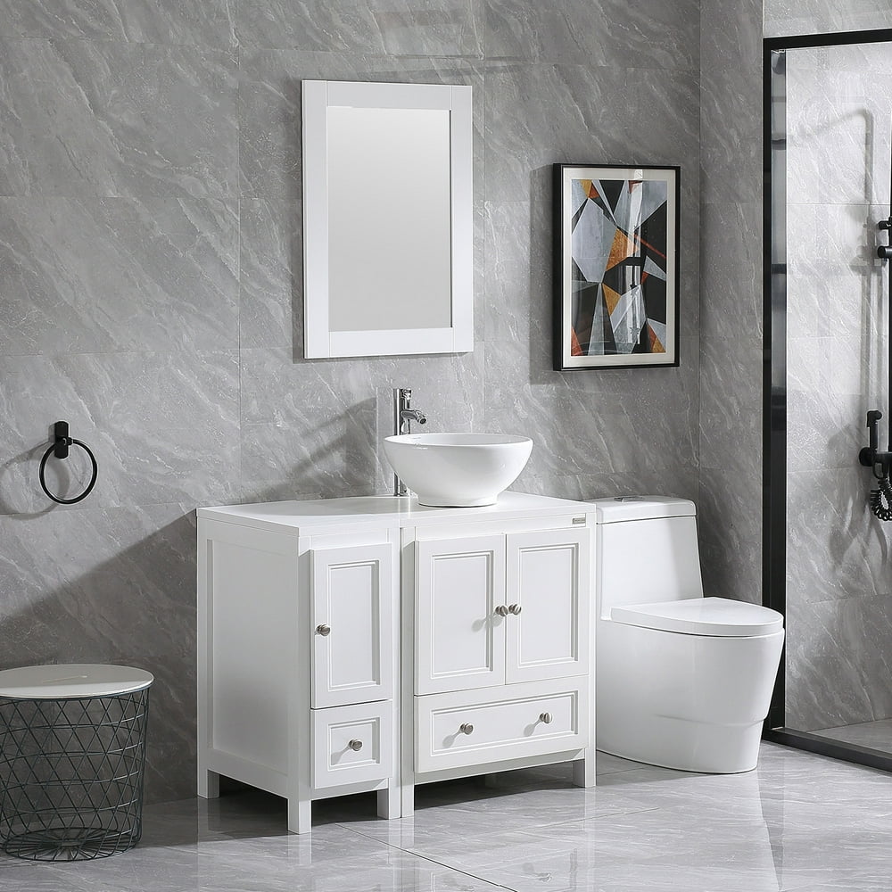 36" White Wood Bathroom Vanity with Mirror, Porcelain