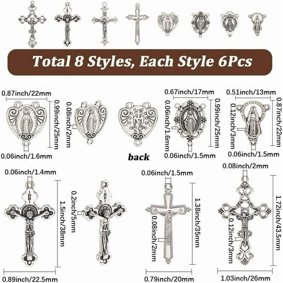 1 Box 48pcs 8 styles Easter Rosary Charms Metal Rosary Crucifix Bulk Assorted Tibetan Style Alloy Antique Silver Chandelier Link Connector Charm Pendants Bulk for Jewelry Making Women Adults