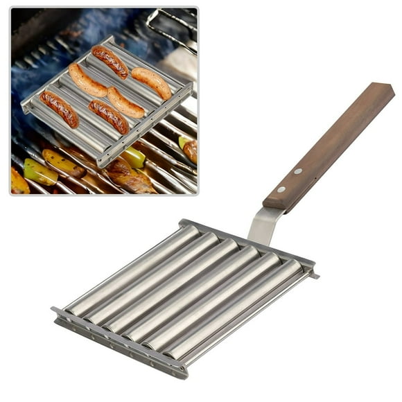 Rouleau de Grillade de Hot-Dog en Acier Inoxydable de Qualité Alimentaire 5 Capacité de Hot-Dog avec Poignée en Bois Extra Longue