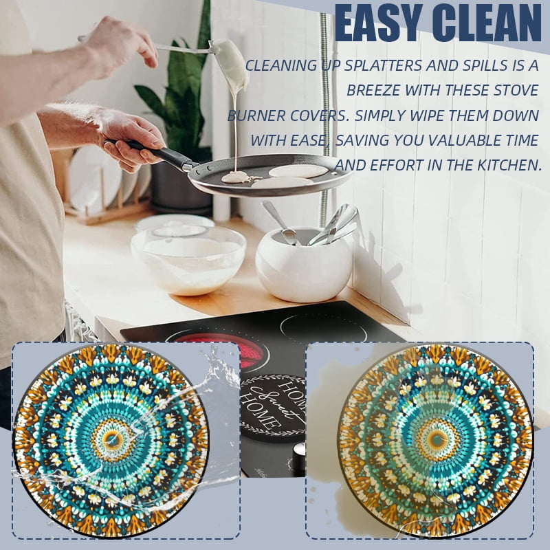 Round Gas Stove Burner Covers, Teal and Orange Mandala in Woven Style Gas Stove Burner Covers Set of 4 for Dining Room Cooktop Decorative, Kitchen Decor, 8 Inches and 10 Inches