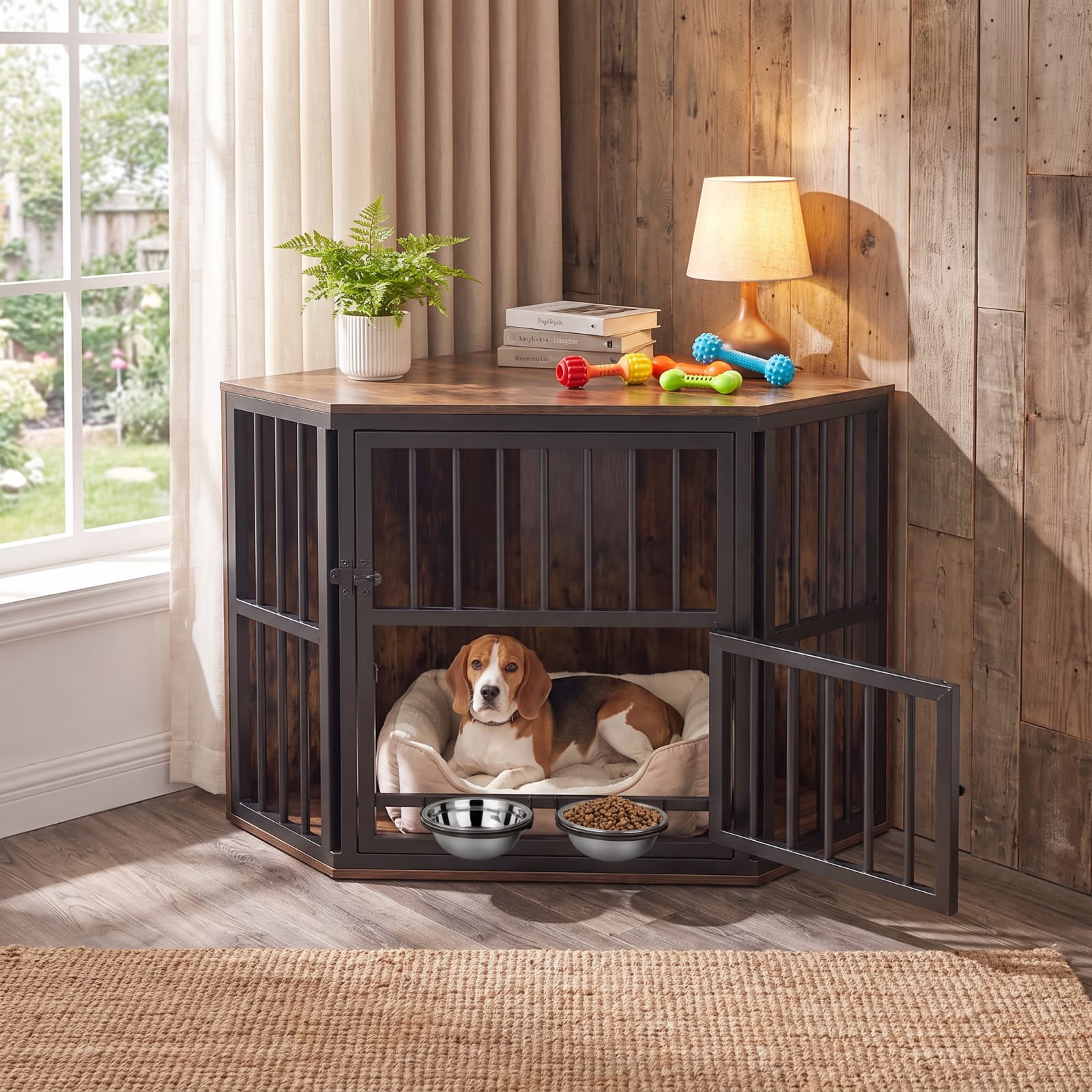 Vebreda Dog Crate Furniture, 35.5 inches Wooden Dog Kennel End Table with 3-Position Dog Bowl Rack, Space-Fit Corner Shape Design