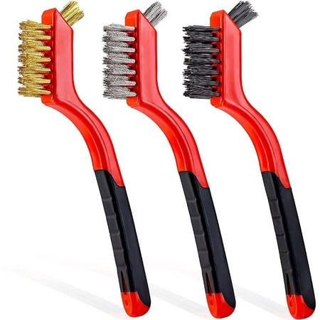 

Wire Brush Set 3Pcs - Nylon/Brass/Stainless Steel Bristles with Curved Handle Grip for Rust Dirt & Paint Scrubbing with Deep Cleaning – 7 Inches(Red)