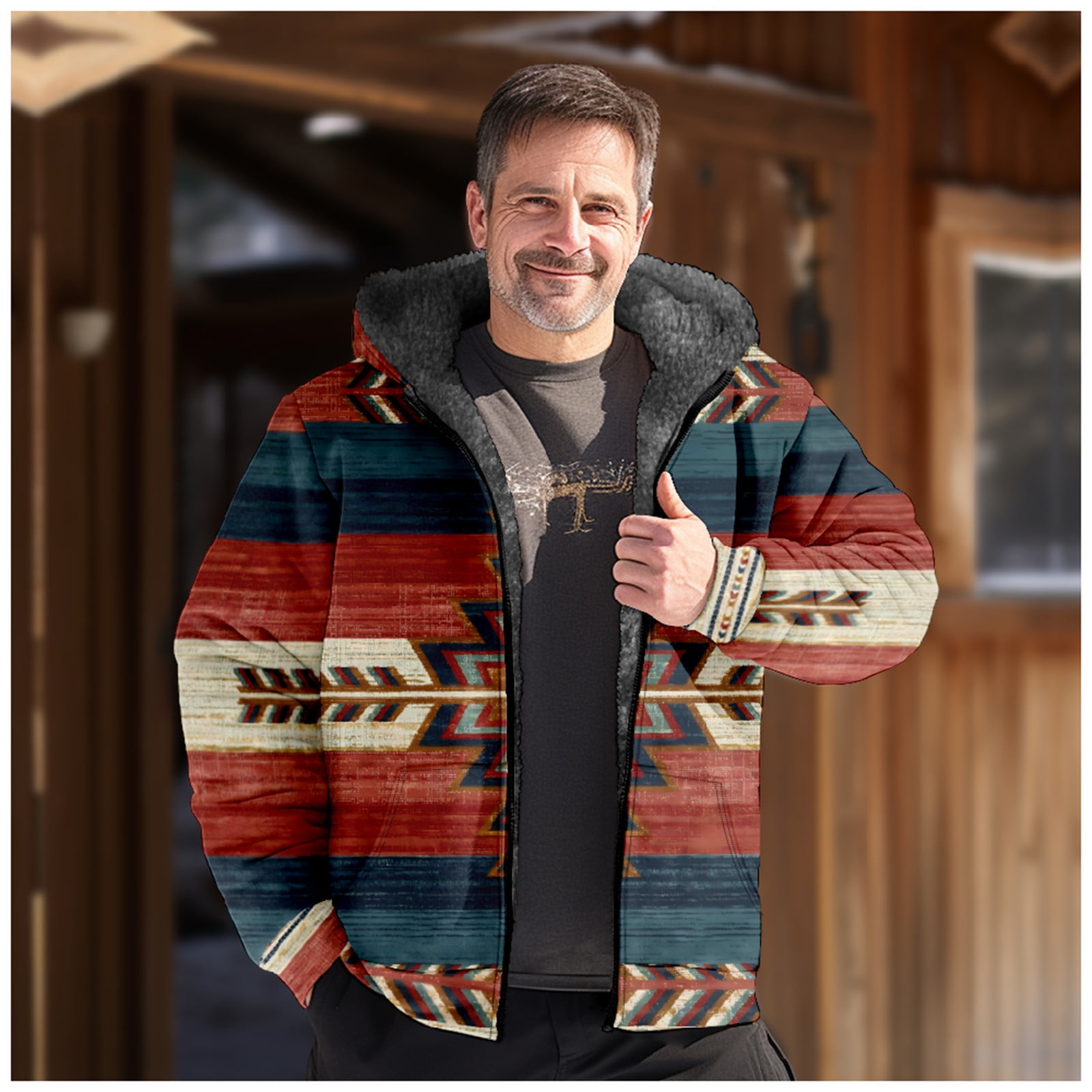 Teissuly Men s Spring Winter Jacket Fashion Ethnic Style Printed Pocket Zipper Long Sleeve Plush Hooded Casual Coat Size S 5XL Walmart
