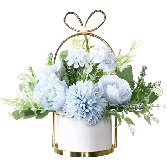 Artificial Flowers Hydrangea with Ceramic Vase Silk Chrysanthemum Mini Potted Fake Flowers Hanging Potted Plants for Wedding Home Office Decoration Pack of One (White)