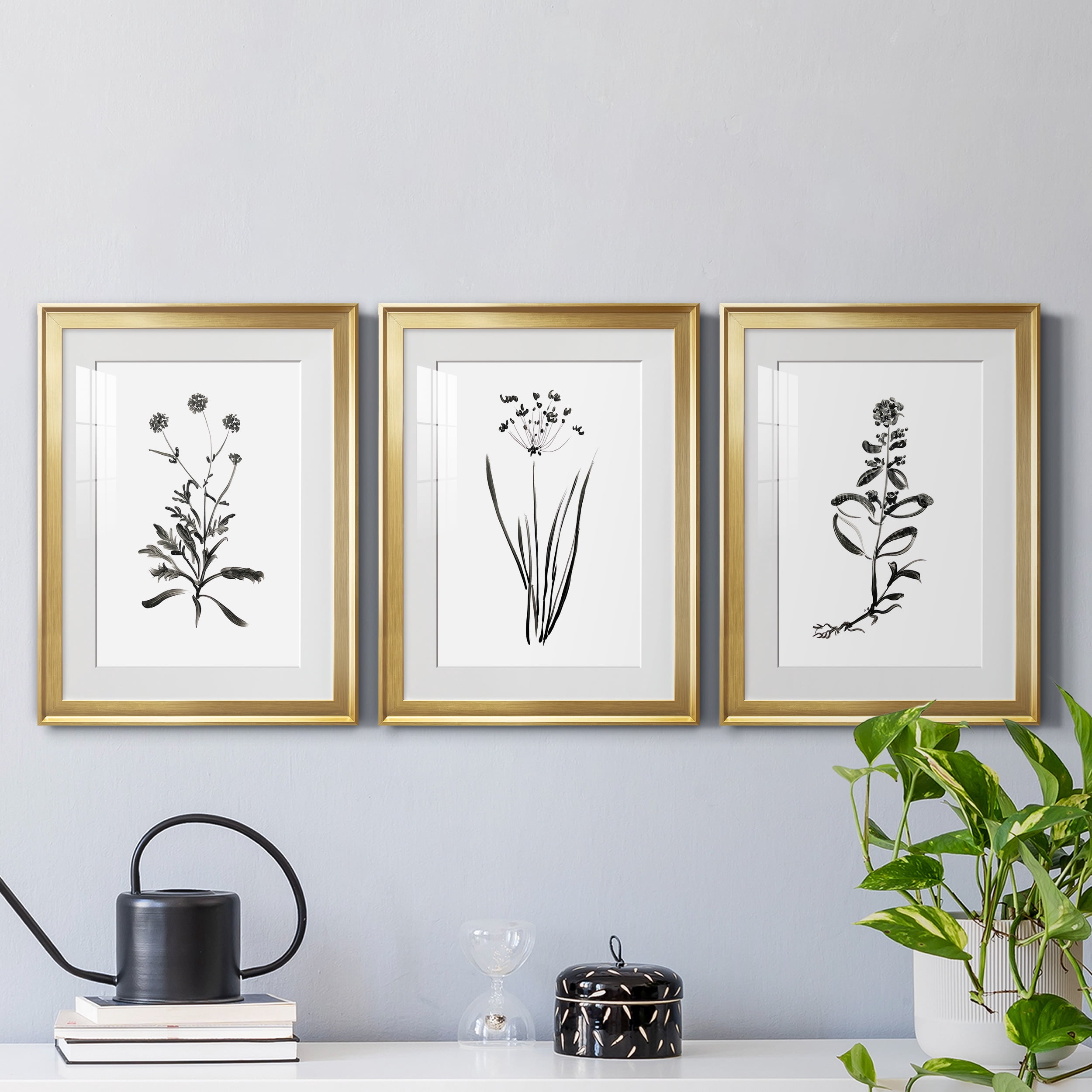 Inky Botanical I Premium Framed Prints Set of 3 - Ready to Hang - 18 x 24 Each - Gold Frame