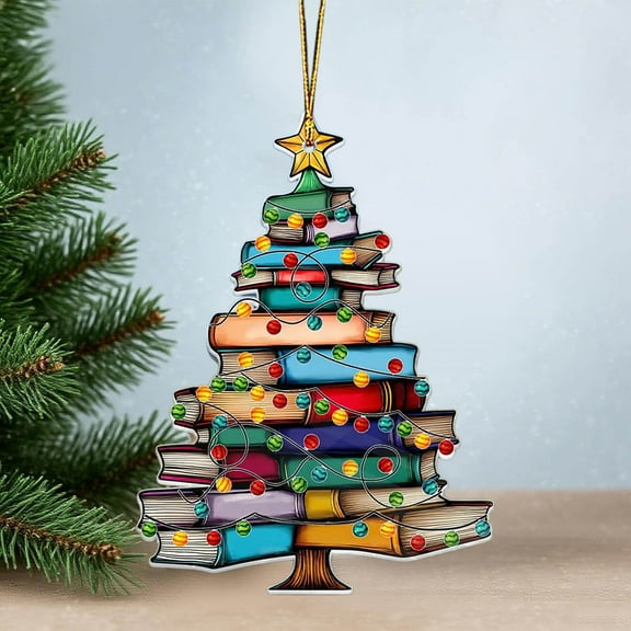 Nkmbld Christmas Tree Shape Bookshelf Pendant, Book Lover Ornaments, 2D Flat Acrylic Tree Ornament, Stacked Books for Library Decoration (Book Shaped)