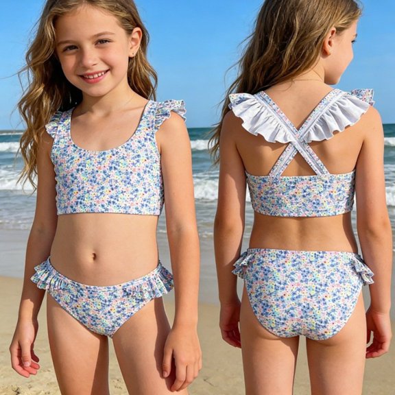 Girls Swimsuits Size 3-4Y Floral Print Cute Ruffle Bikini with Bottoms Summer Swimwear Toddler Kids 2 Piece Swimsuit