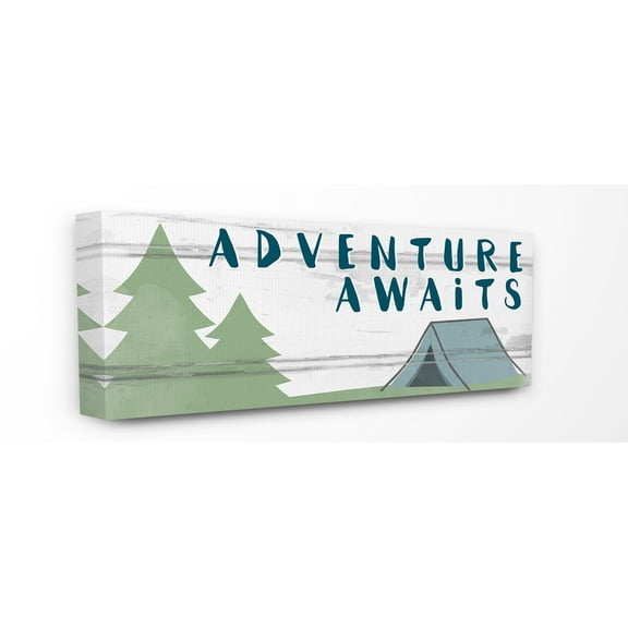 The Kids Room By Stupell Adventure Awaits Camping Scene with Trees Planked Look Sign Canvas Wall Art, 10 x 24