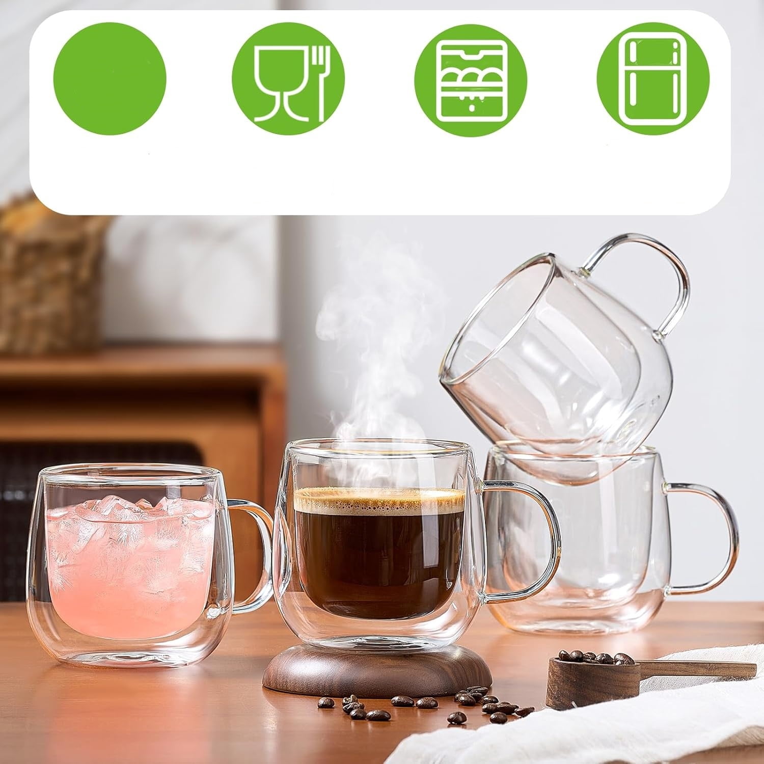 4 Pack Double Walled Glass Coffee Mugs, 16 oz Large Insulated Clear Coffee Cups with Handle, Cappuccino Mug for Espresso, Latte, Americano, Tea Bag, Beverage, Heat & Cold Resistant