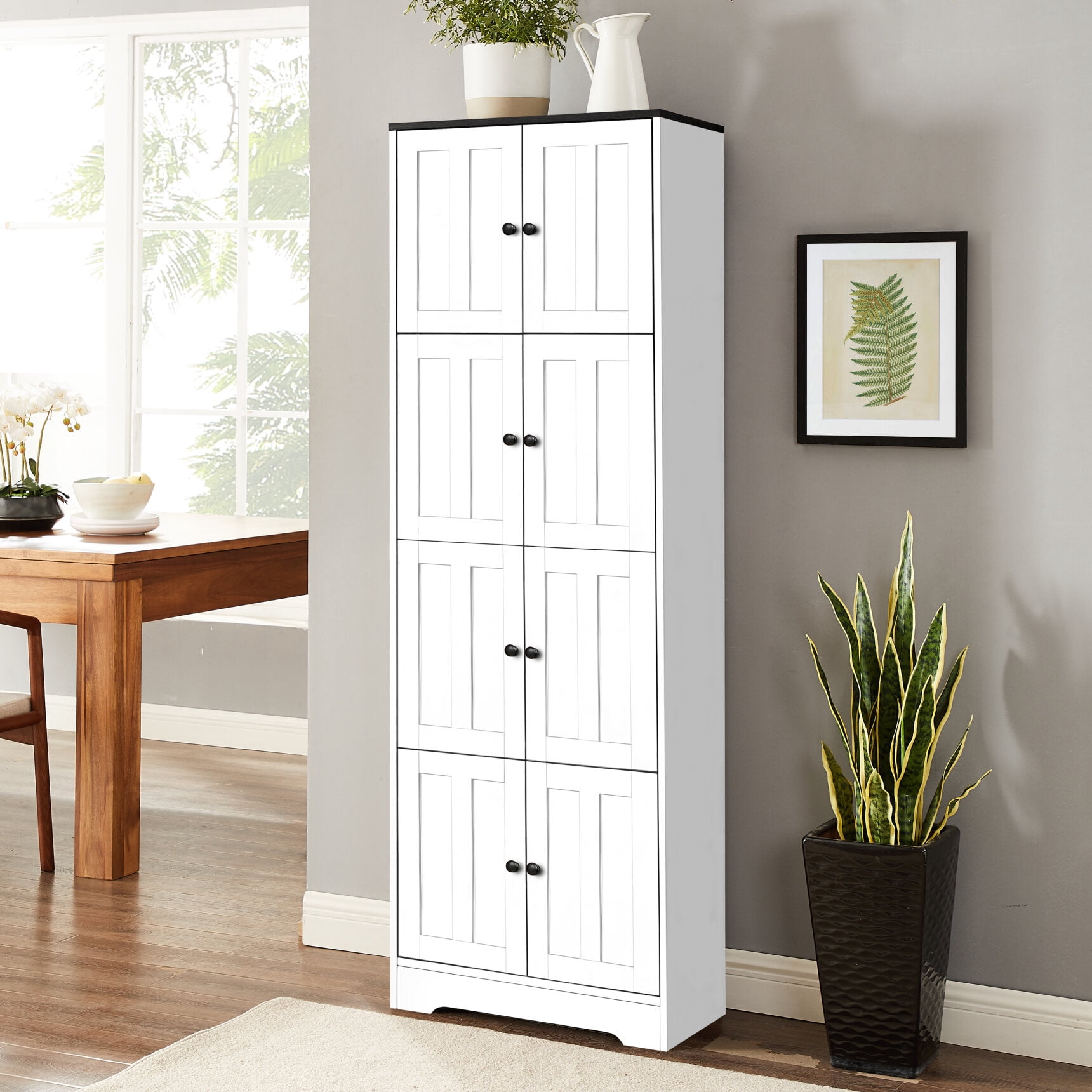 Tall Storage Cabinet with 4 Doors and 4 Shelves, Wall Storage Cabinet for Living Room Bedroom, White
