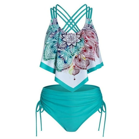 Summer Savings Clearance! Edvintorg Swimsuits For Women Two Piece Bathing Suits Vintage Boho Print Ruffled Flounce Crisscross Tankini Top With Side Tie High Waisted Bottom Bikini Set