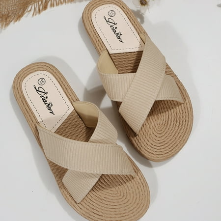 

Women‘s Cross Strap Flat Slippers Outdoor Espadrille Sole Beach Slide Sandals Solid Color Flat Shoes