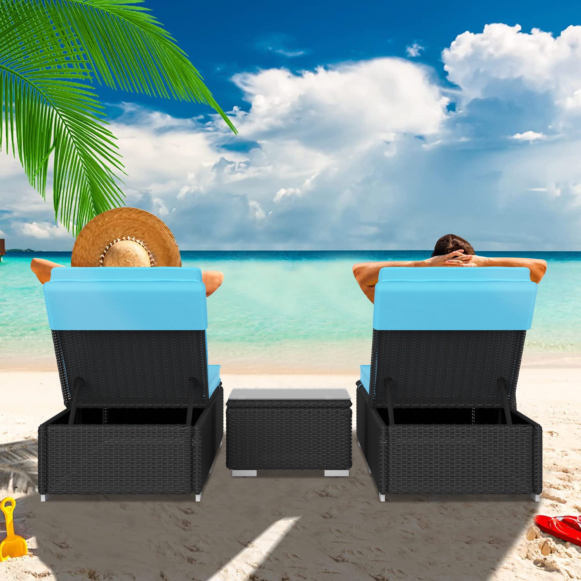 SESSLIFE 2 PCS Lounge Chair for Outside, Adjustable 5 Position Rattan Wicker Outdoor Chaise Lounge with Head Pillow & Thickened Cushion for Poolside, Patio, Garden, Deck (2, Light Blue) - image 3 of 8