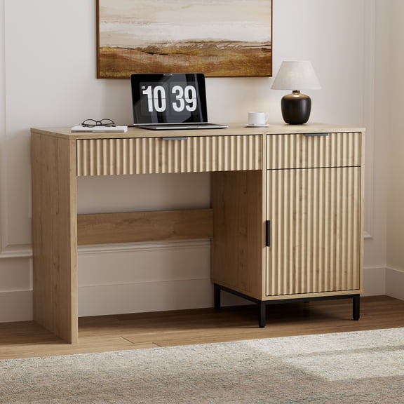 Joyyskill Executive Desk with Fluted Drawers, 47" Wood Home Office Desk with Charging Station, Metal Legs Modern Farmhouse Computer Desk Light Oak