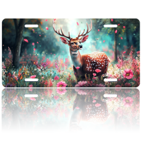 1 Pcs 2D Flat License Plate Covers & Frames, Deer in a Flower Field For Decorative Front, Waterproof For Decoration Aluminum License Plate Covers & Frames Cover For Men Women, 12" X 6"