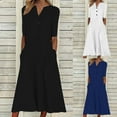 thumbnail image 2 of Amkhujs Summer Dresses for Women Womens Sizes 4-12 Fashionable Women's Solid Color Casual-neck Button up Short Sleeved Vacation Pocket Dress Sleeve V-Neck Knee-High Denim Young Adult Sundresses, 2 of 8