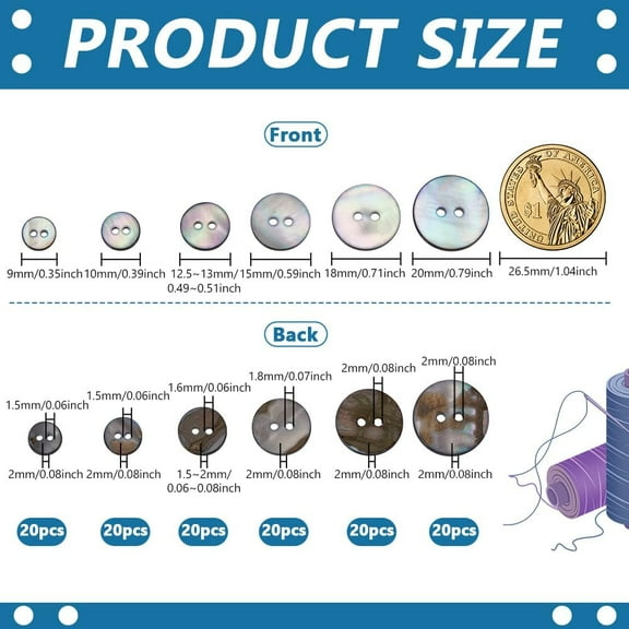 120 Pcs Natural Shell Buttons 6 Sizes 2-Hole Flat Round Natural Shell Vintage Sewing Crafts Replacement Button Decorative Buttons for Clothes Blazer Suits Shirts