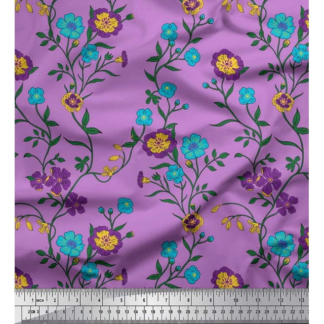 Soimoi Poly Georgette Fabric Leaves & Floral Artistic Printed Fabric 1 Yard 42 Inch Wide
