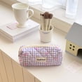 thumbnail image 4 of Bolsa de aseo acolchada de algodón a cuadros Bolsa de maquillaje con lazo lindo Bolsa para el cuidado de la piel para mujeres, 4 of 7