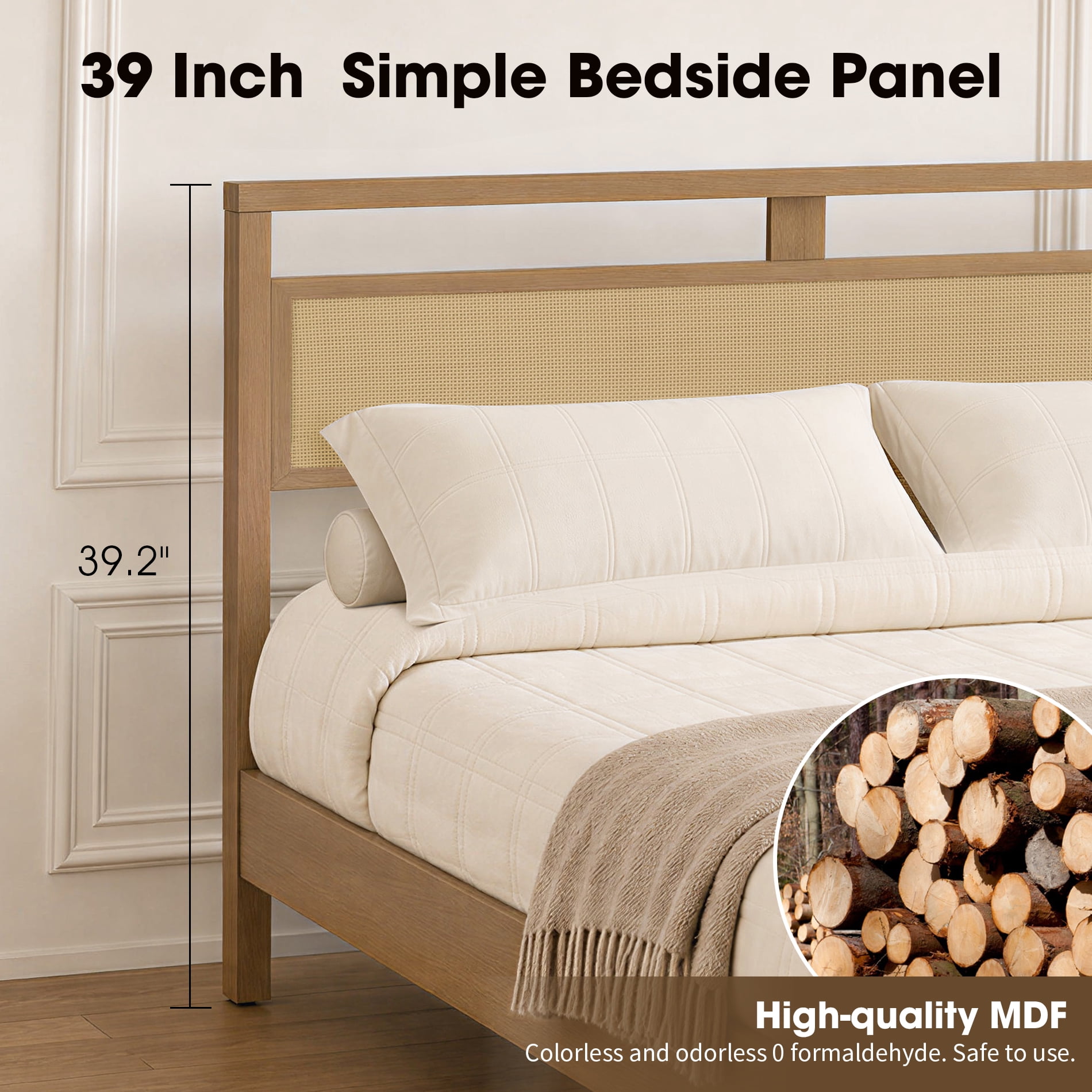 Queen Bed Frame With Rattan Headboard, Solid Wood Legs,Oak