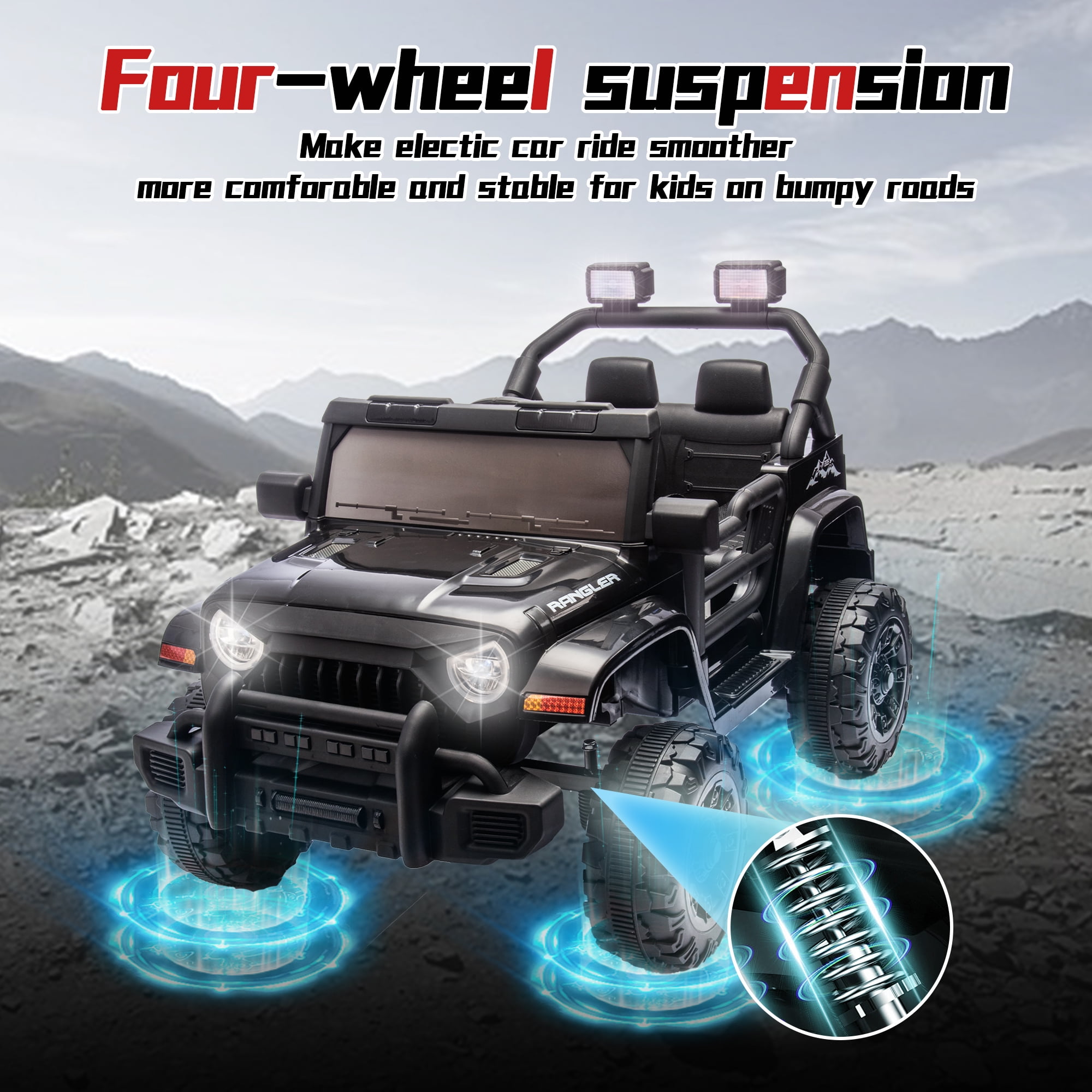 12 Volt Ride on Toys for Toddlers w/Remote Control, Electric Ride on Truck Car w/ Shock Absorption, 3 Speeds, Bluetooth, Lights, Steering Wheel Quick Release (Black)