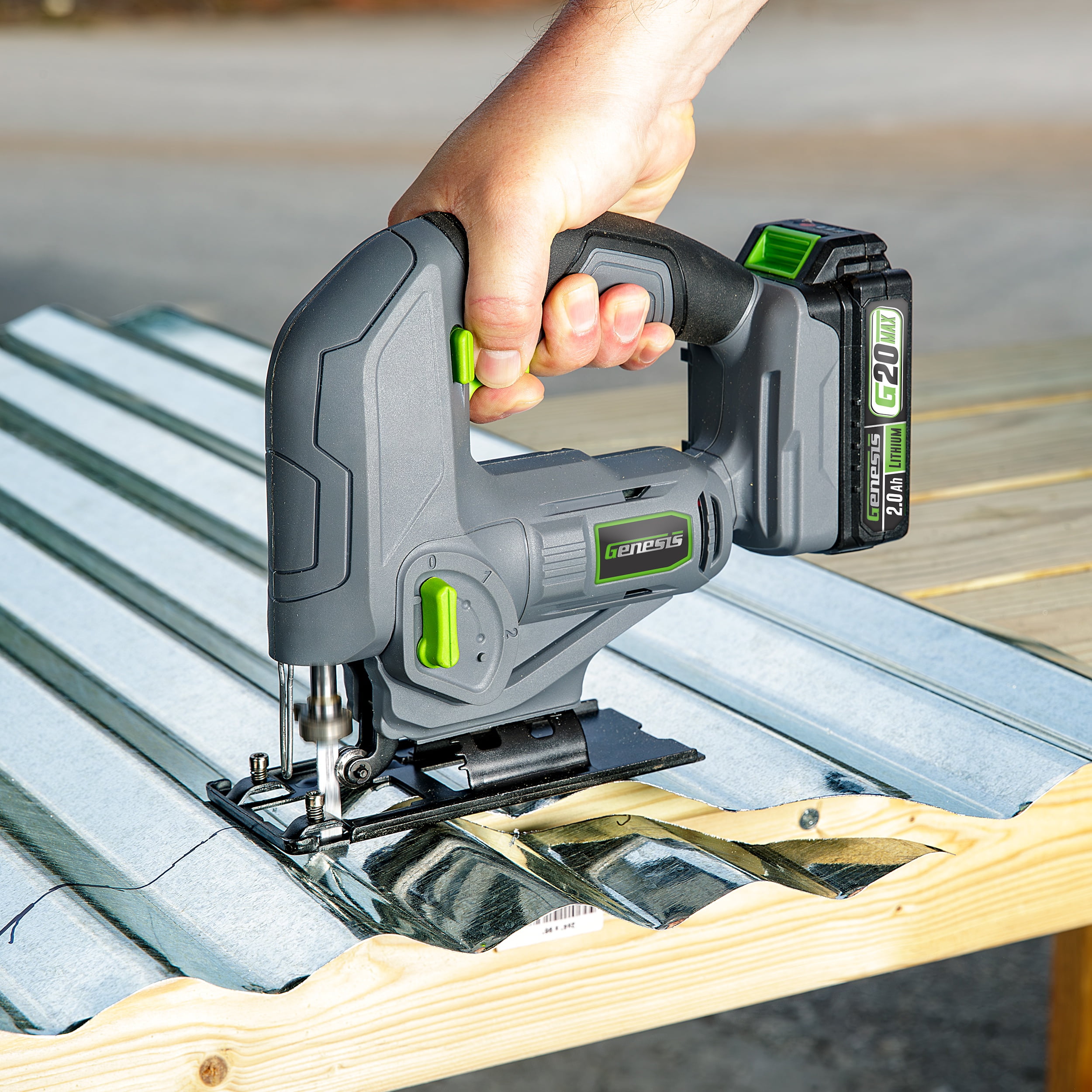 GENESIS G20MAX 20V Variable-Speed Jig Saw with 3-Orbital Settings, 2.0Ah Battery and quick charger included.