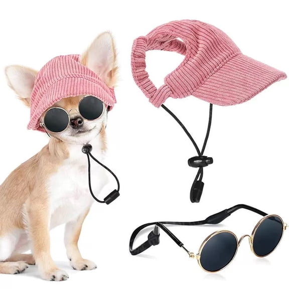 Pet Sun Hat & Sunglasses Set – Pink Nylon Dog Baseball Cap with Ear Holes UV Protection Dog Goggles, Adjustable Chin Strap & Anti-Slip Cord, Summer Outdoor Gear for Medium Large Dogs