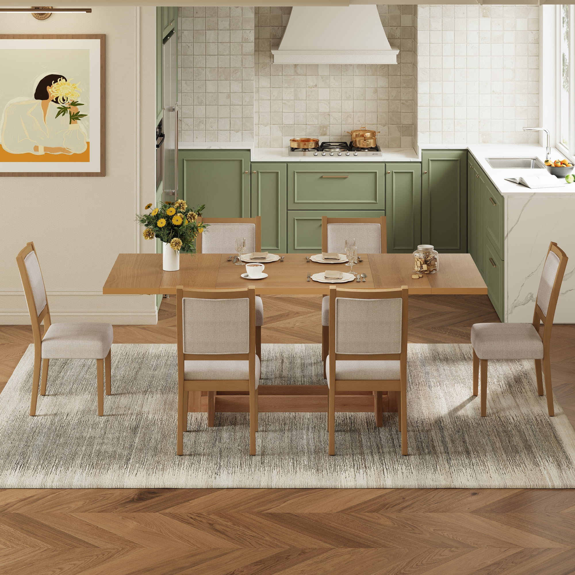 Euroco 7-Piece Extendable Dining Table Set for 6, 82" Large Kitchen Table with 6 Upholstered Dining Chairs and 2 Removable Leaves for Kitchen Dining Room,Natural+Beige