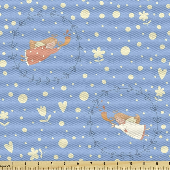 Winter Fabric by the Yard Upholstery, Pattern of Christmas Angels in Cartoon Style Snowflakes and Flowers Pattern, Decorative Fabric for DIY and Home Accents, Multicolor by Ambesonne
