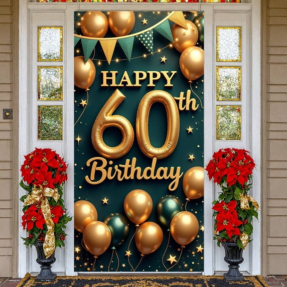 Gold Glitter Happy 60th Birthday Banner Dark Green 60th Birthday Backdrop Metallic Balloons Star Accents 60th Celebration Background for 60th Birthday Parties, Family Gatherings, Photo Shoots