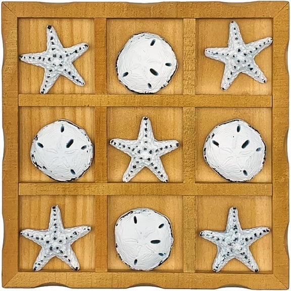WOWME Wooden Tic - Tac - Toe Beach Game Board with Sand Dollars & Starfish - Perfect for Family & Party Fun