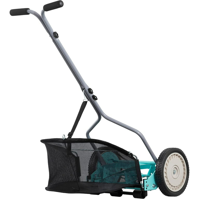 14-Inch 5-Blade Push Reel Lawn Mower with Grass Catcher, Mint 