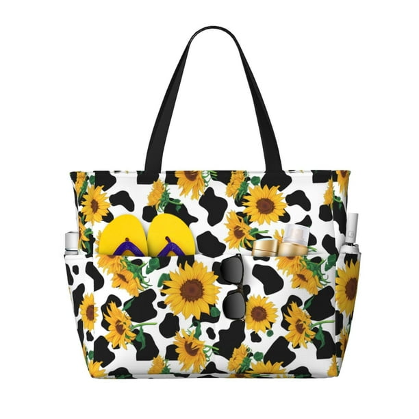 Fotbe Cute Cow Print Sunflower A Bolsa de Viaje para Playa - Resistente al Agua, Bolsa Tote de Gran Capacidad y Ligera con 7 Bolsillos para Mujeres y Hombres