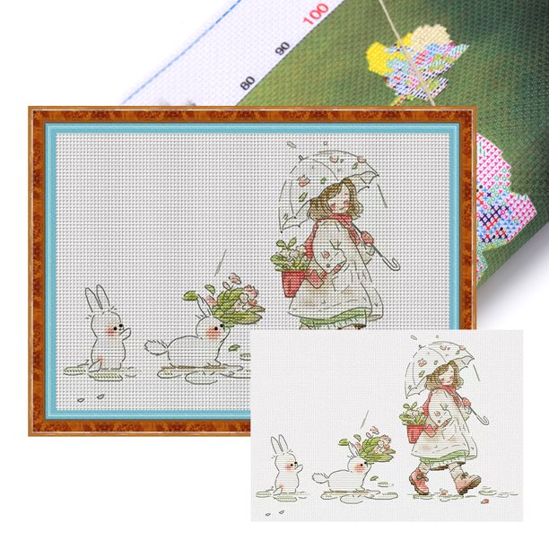 Hilo Algodón Ecológico Bordado Parcial Punto Cruz Con Conejo Y Pato 11CT 42x30cm