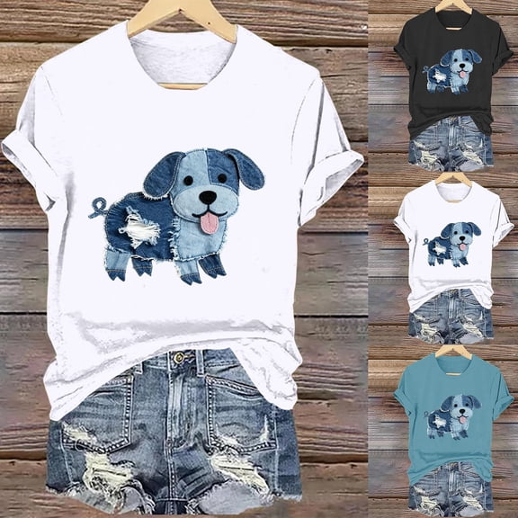 Inverlee Women's Trendy Short Sleeve Tops Cute Print Round Neck Blouse Summer Casual Blouse