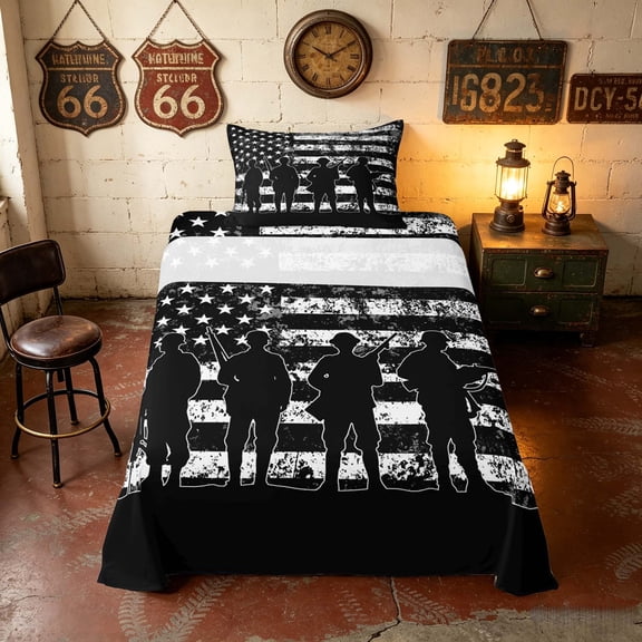 Manfei Retro Camo US Flag Twin Sheets, Patriotic Soldier Silhouette Bedding, Black White, Black Reversible 3pcs (1 Flat Sheet, 1 Fitted Sheet and 1 Pillowcase)